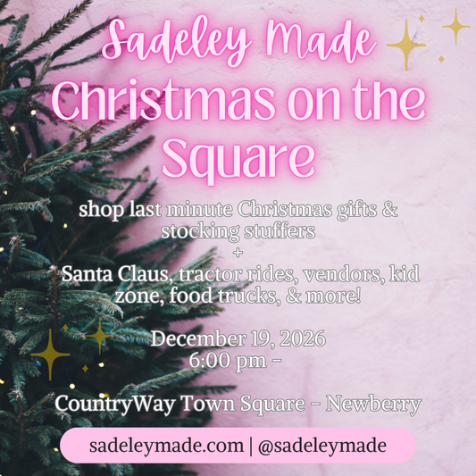 Advertisement for Sadeley Made Christmas on the Square event with a pink background and Christmas tree.